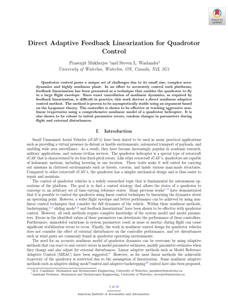 Direct Adaptive Control for Quadrotors | PDF | Control Theory | Quadcopter