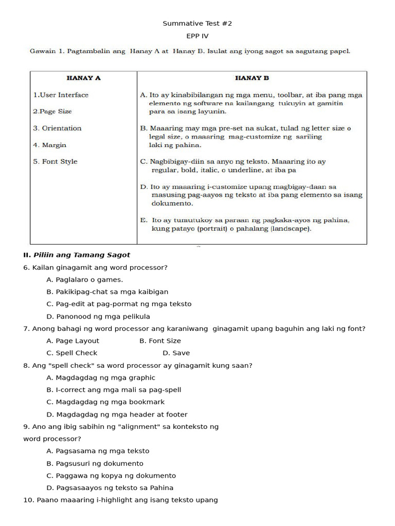 Summative Test in EPP IV | PDF