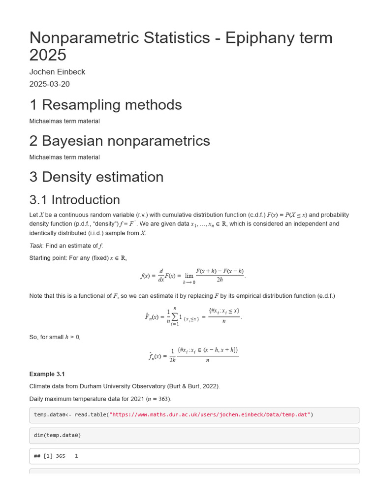 Nonparametric Statistics Epiphany 2024-25 | PDF | Probability Density ...