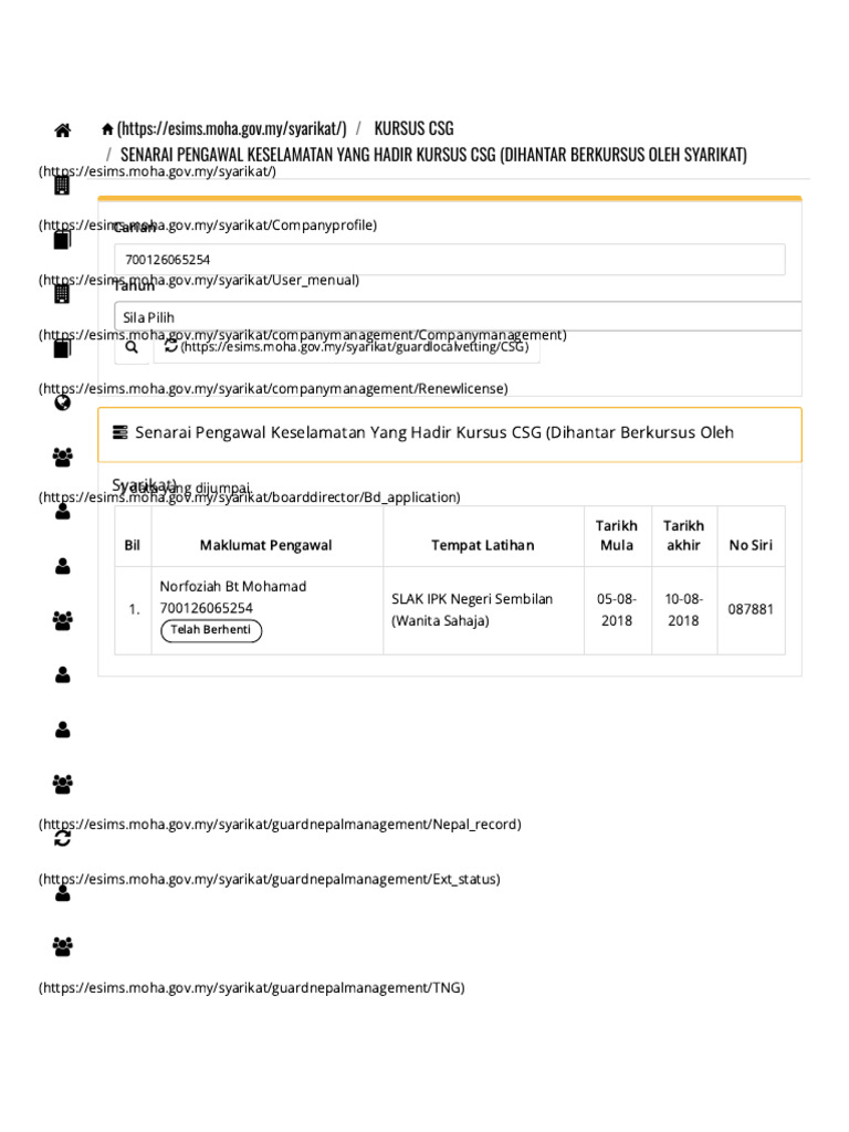 (Https://esims - Moha.gov - My/syarikat/) Kursus CSG Senarai Pengawal ...