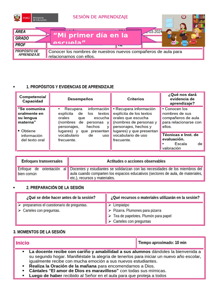 Sesiòn Mi Primer Día en La Escuela | PDF | Aprendizaje | Salón de clases