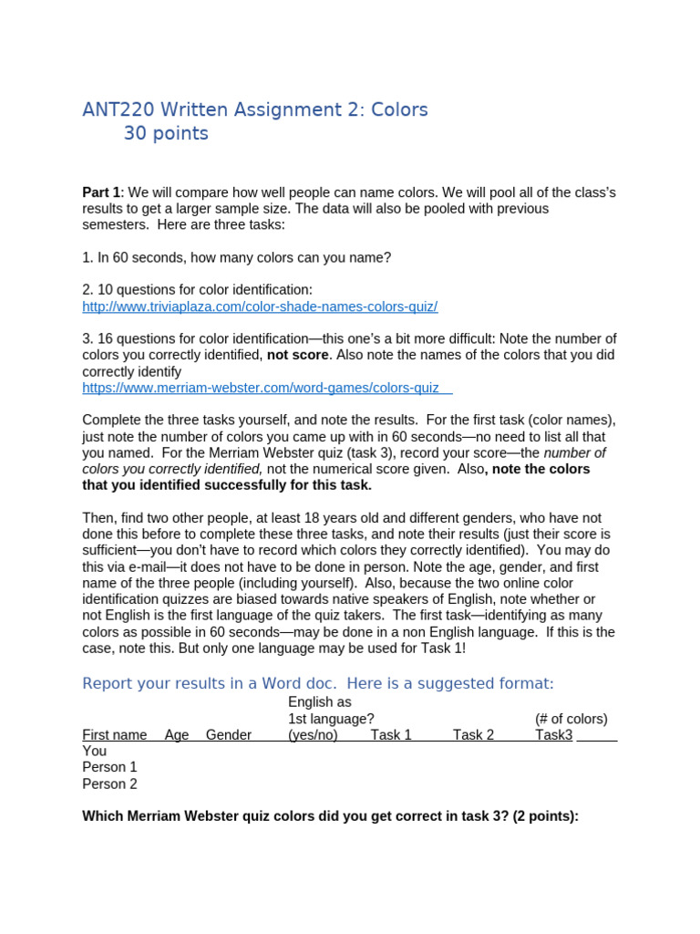Color Identification Assignment Overview | PDF | Psychology | Human ...
