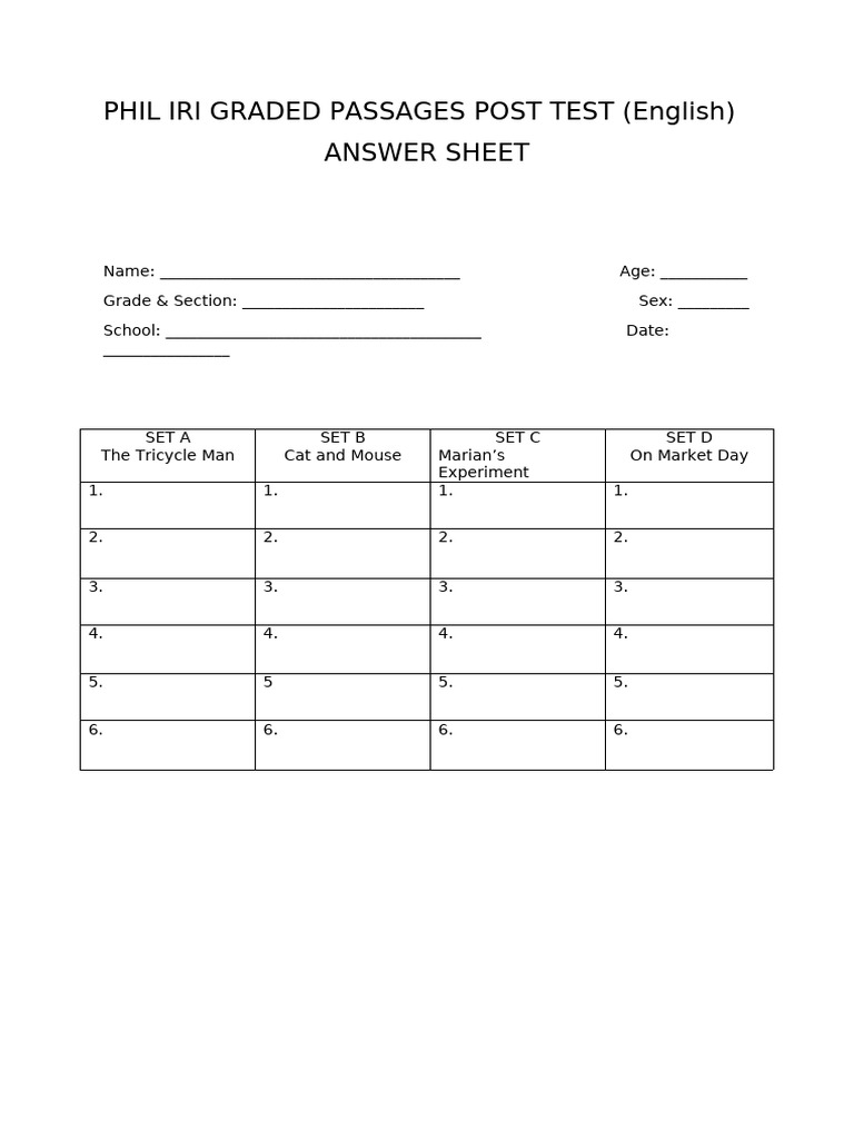 Phil Iri Graded Passages Post Test | PDF
