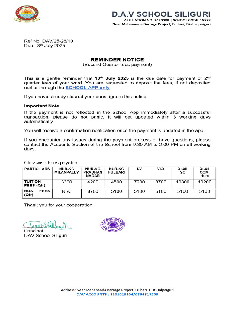 Fee Payment Reminder for DAV School | PDF