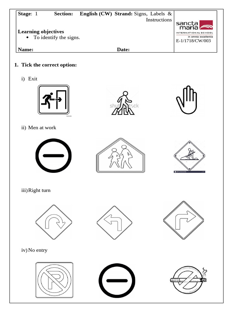 1 Signs, Labels & Instructions: Stage Section: English (CW) Strand | PDF