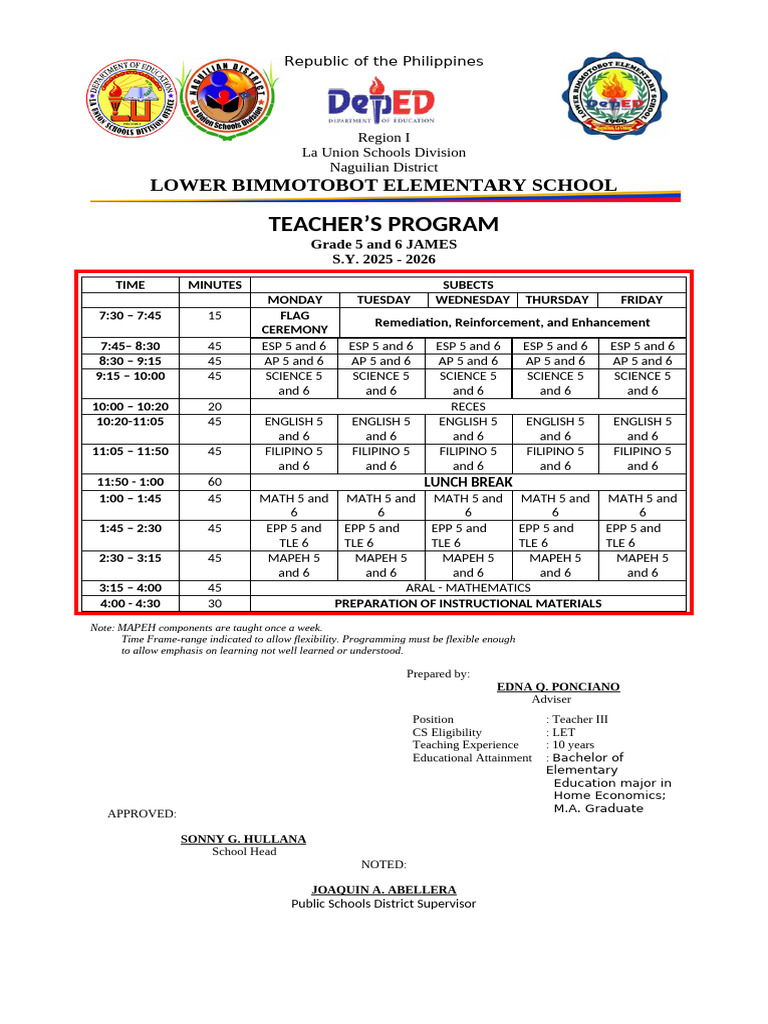 Grade 5 and 6 Class Program 2025-2026 | PDF | Learning