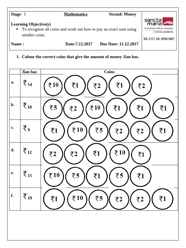 HW Money Worksheet | PDF