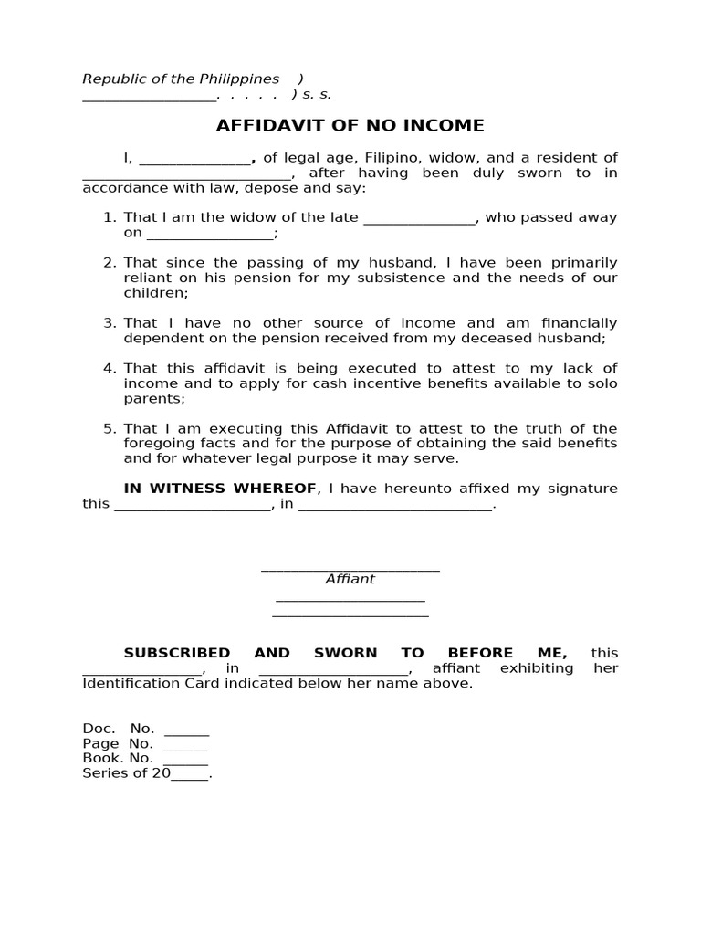 Affidavit of No Income for Benefits | PDF