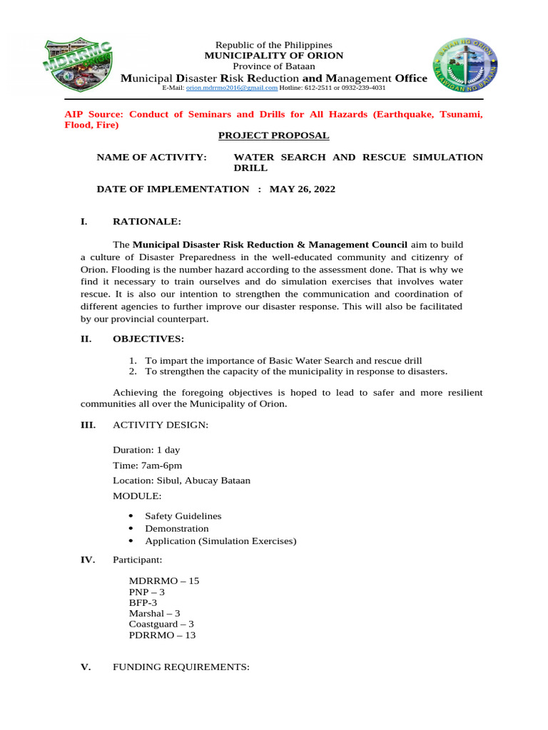 Water Rescue Simulation Drill Proposal | PDF | Disaster Risk Reduction ...