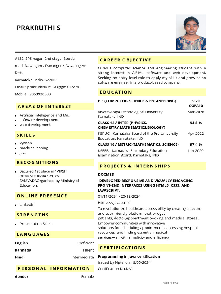 Prakruthi S: Aspiring Software Engineer | PDF | Computing