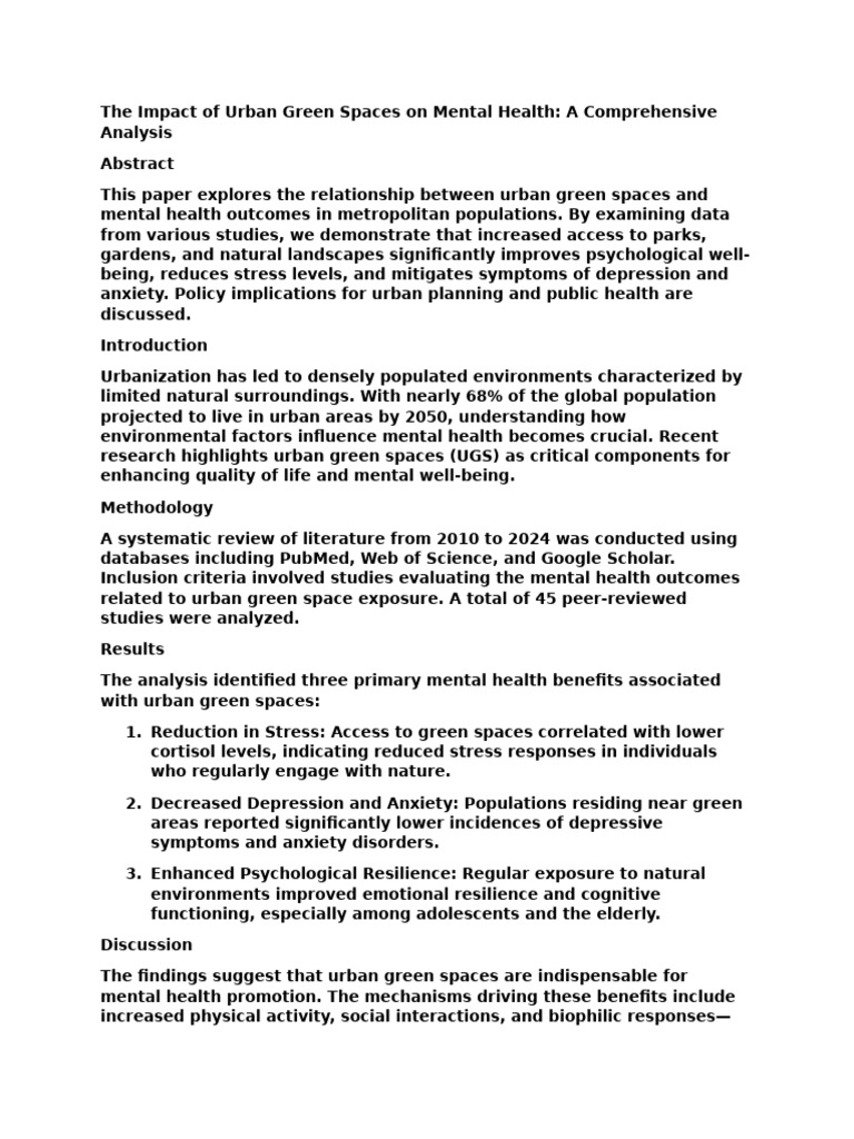 Urban Green Spaces & Mental Health Benefits | PDF | Mental Health | Anxiety