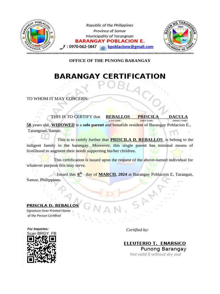 Barangay Indigency Certification Sample | PDF