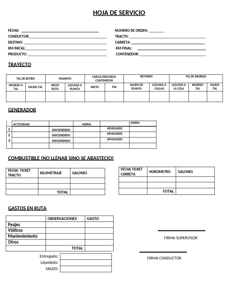 Hoja De Servicio De Transporte Detallada Pdf 