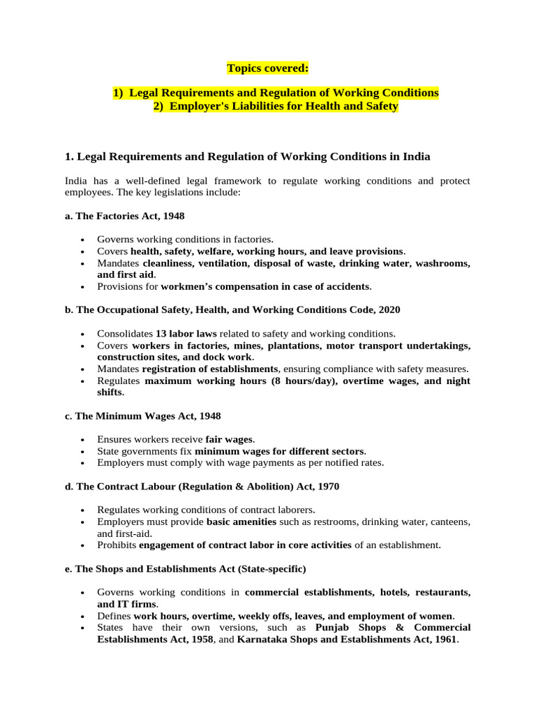 Legal Requirements and Regulation of Working Conditions & Employers ...