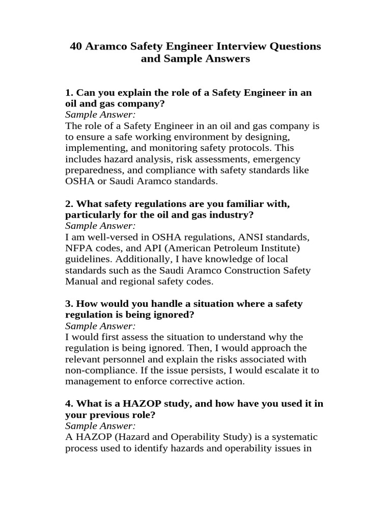 40 Aramco Safety Engineer Interview Questions and Sample Answers | PDF ...