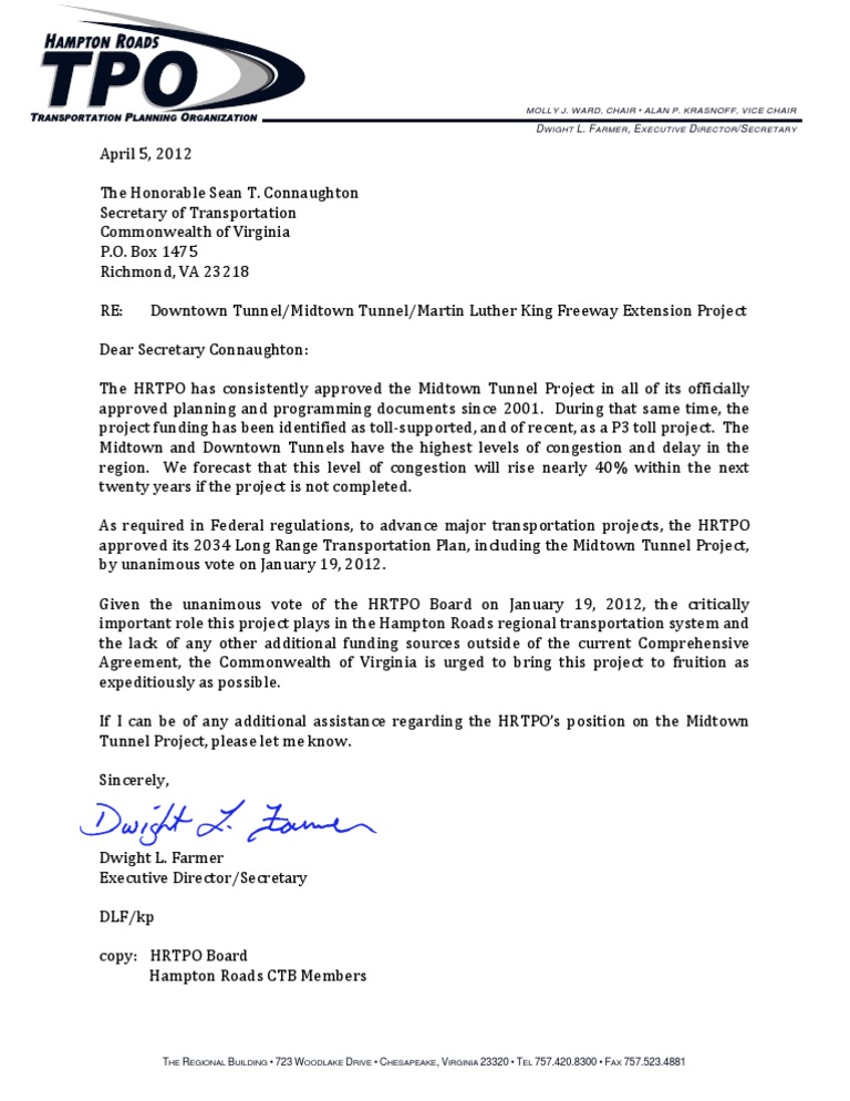 Midtown Tunnel Project Urgency Letter | PDF | The United States | Transport