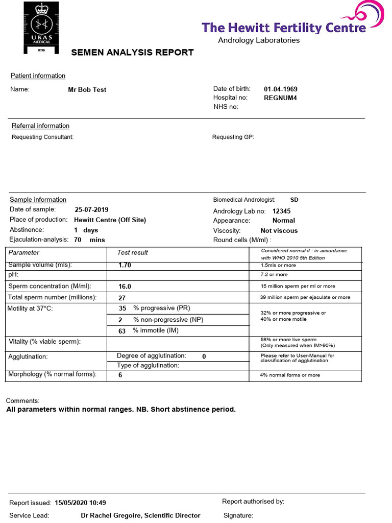 Normal Semen Analysis Report | PDF | Body Fluids | Reproductive System