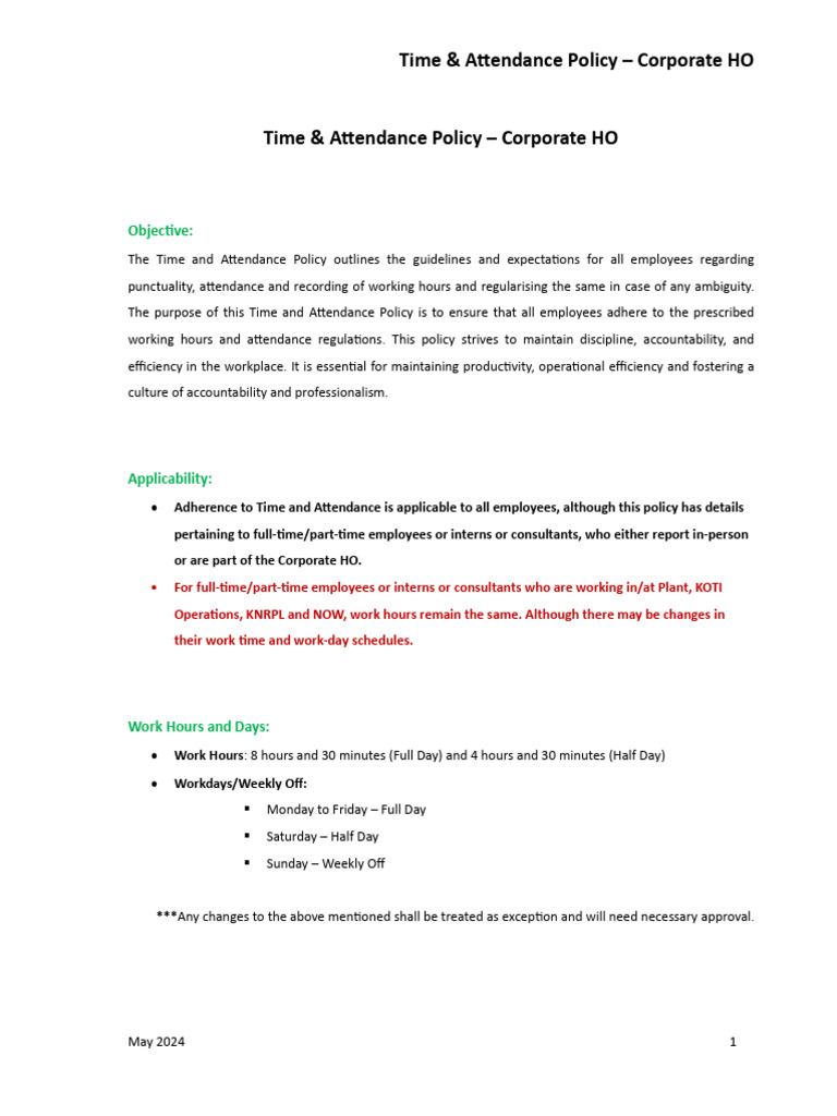 Corporate Time & Attendance Policy 2024 | PDF | Workweek And Weekend ...