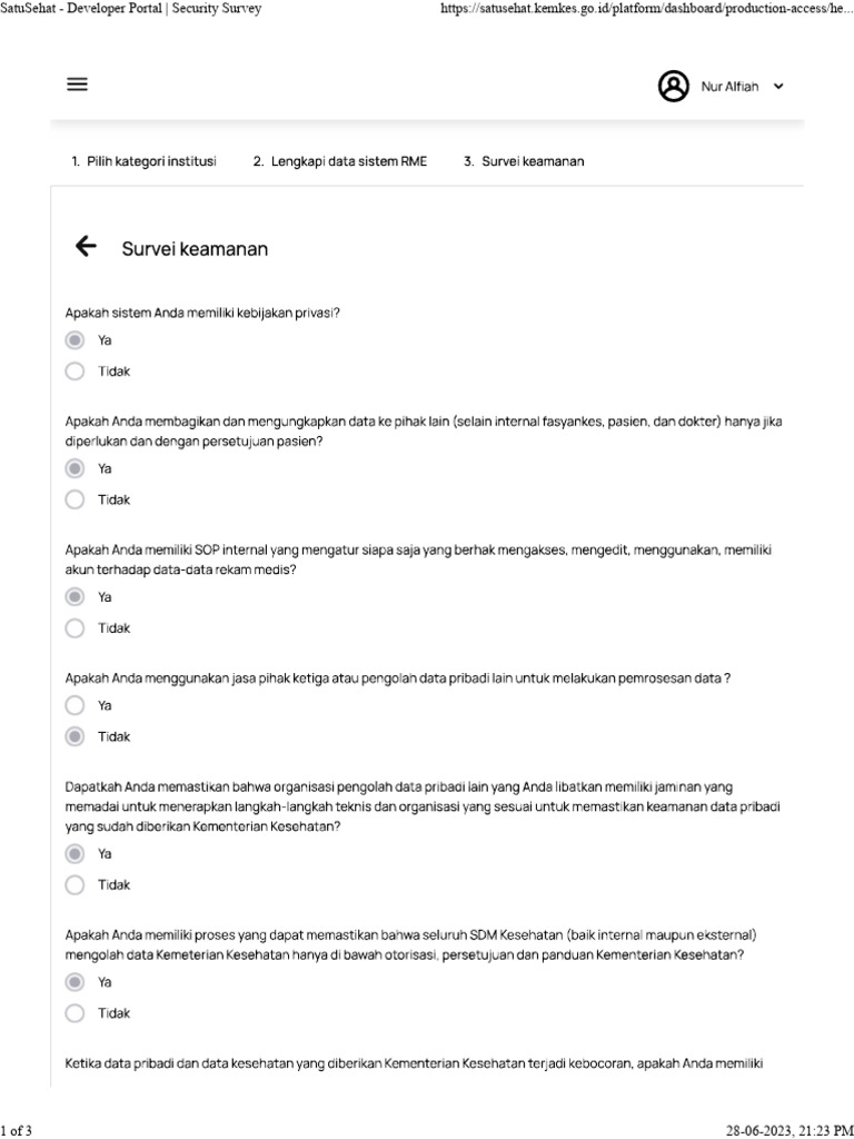 SatuSehat - Developer Portal - Security Survey | PDF