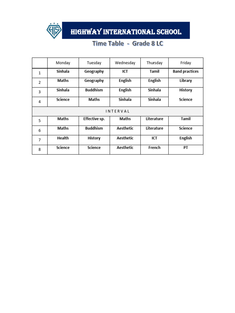 Weekly Class Schedule for Highway School | PDF