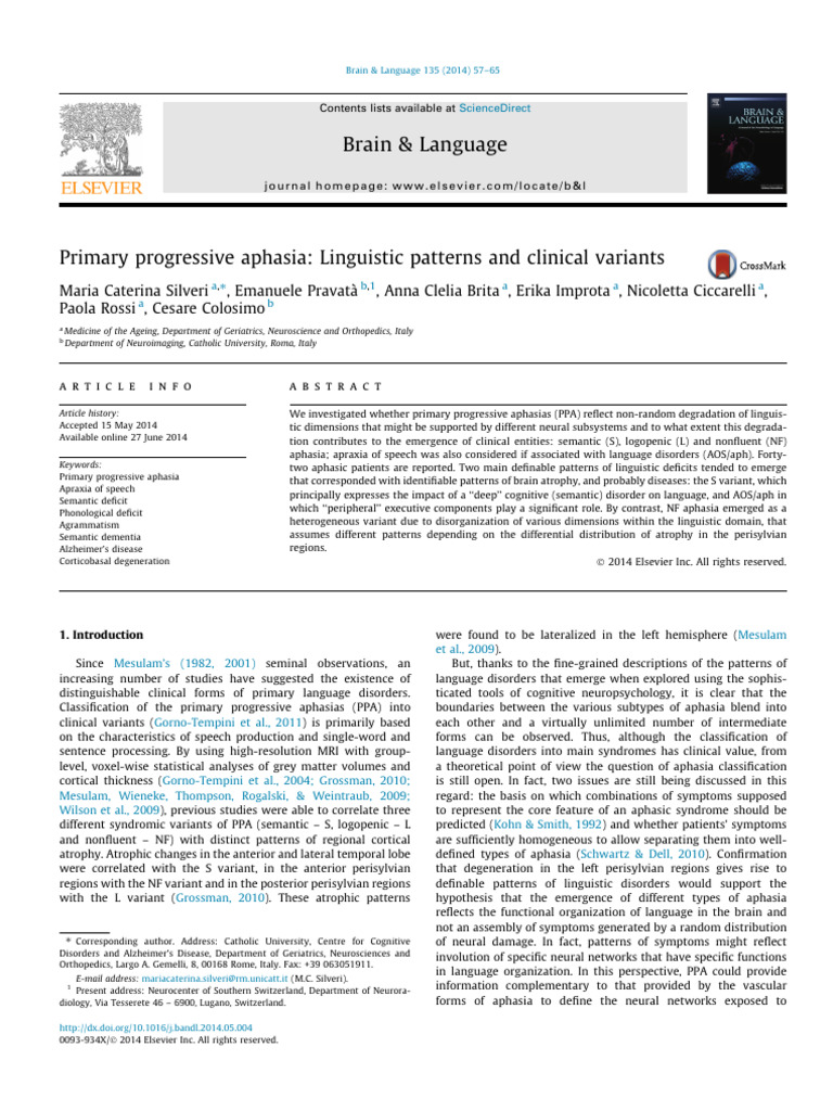 Primary Progressive Aphasia: Linguistic Patterns and Clinical Variants ...