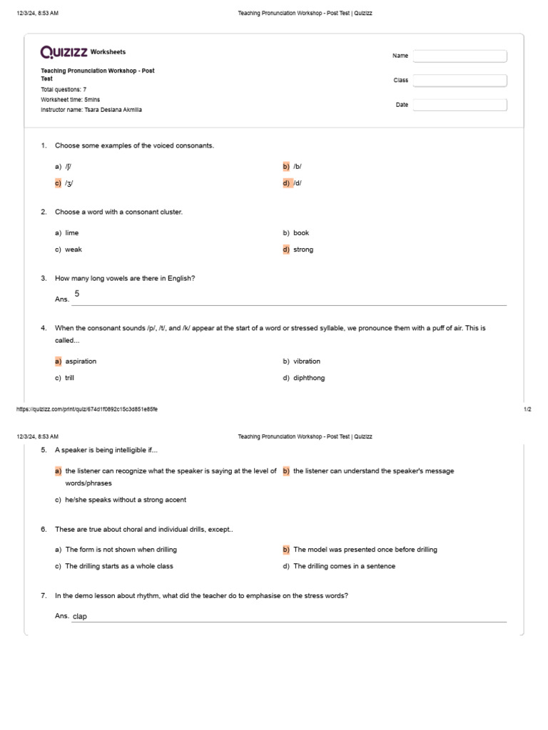 Pronunciation Workshop Post Test Worksheet | PDF | Stress (Linguistics ...