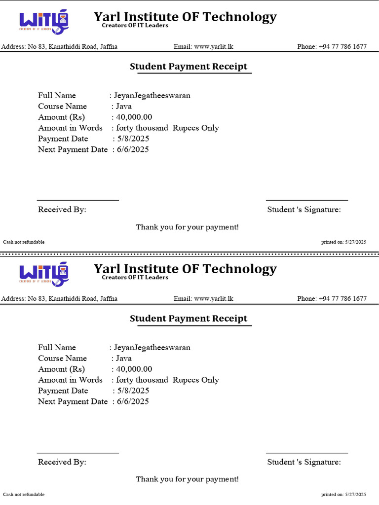 Yarl IT Java Course Payment Receipt | PDF