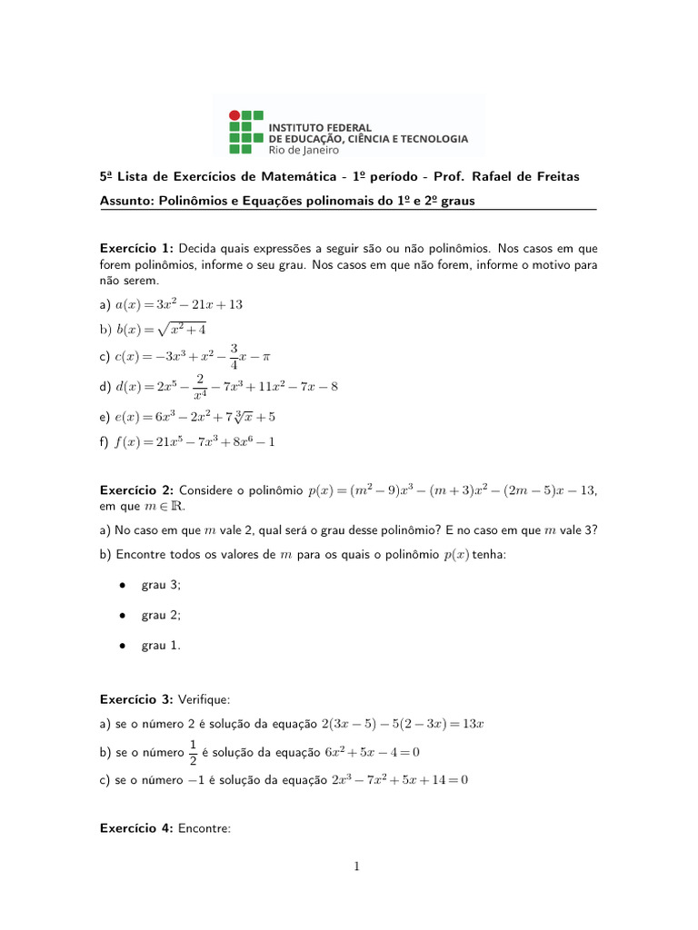 Exercícios de Polinômios e Equações | PDF | Equações | Álgebra