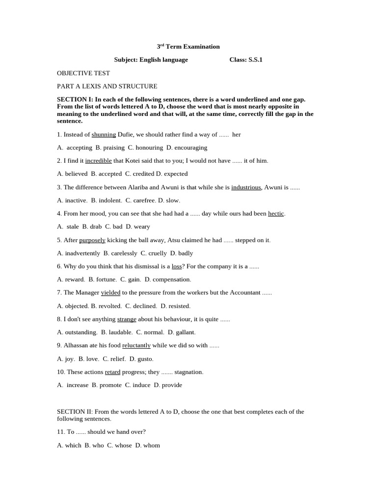 SS1 3rd Term English Exam Overview | PDF | Language Mechanics | Syntax