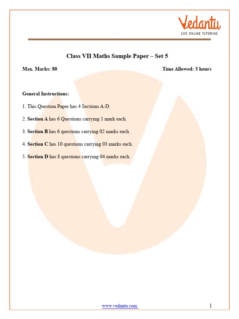 Class VII Maths Sample Paper Set 5 | PDF | Length | Area