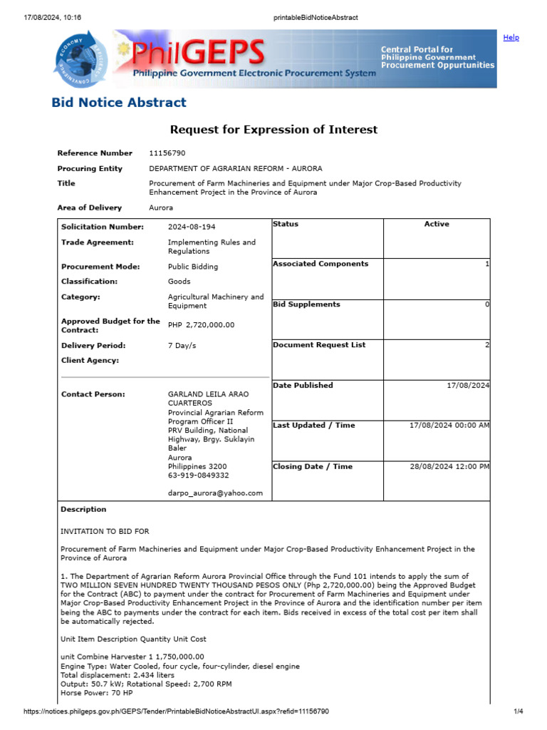 Printable Bid Notice Abstract Pdf Horsepower Steering