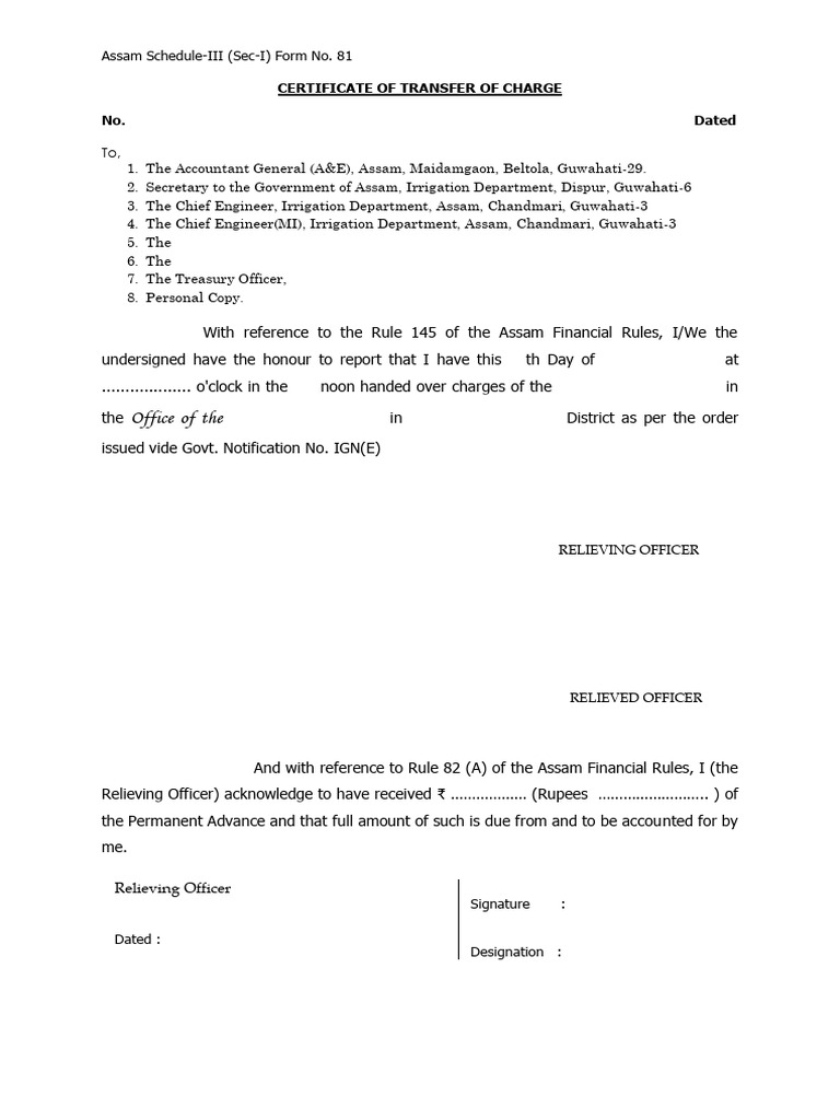 Certificate of Charge Transfer - Assam | PDF