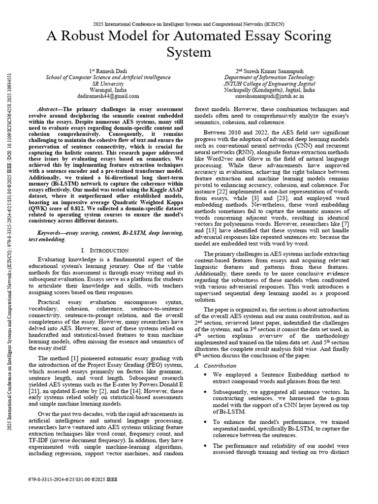A Robust Model For Automated Essay Scoring System | PDF | Machine ...