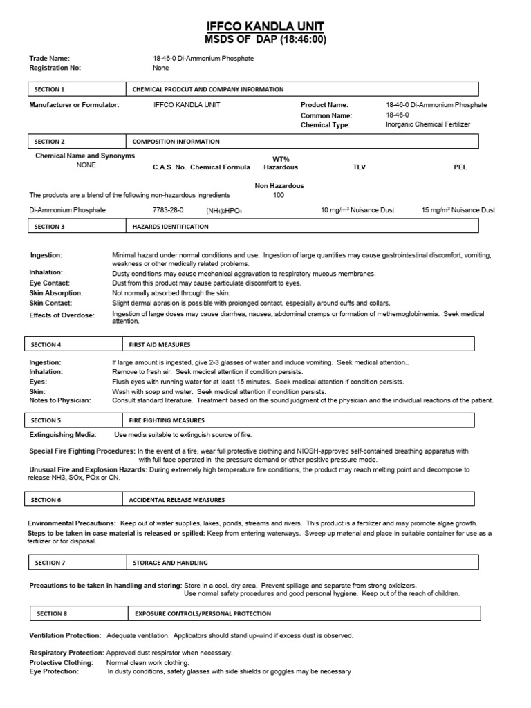 DAP MSDS for IFFCO Kandla Unit | PDF | Firefighting | Water