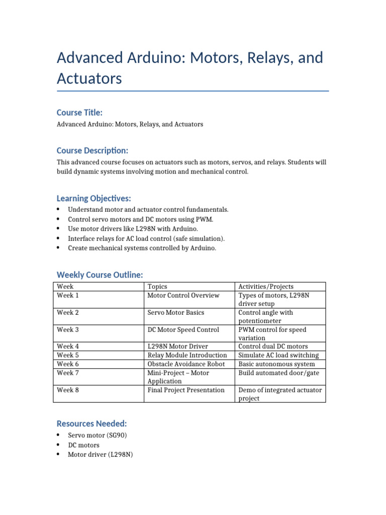 Arduino Syllabus 3 Advanced Motors Relays | PDF
