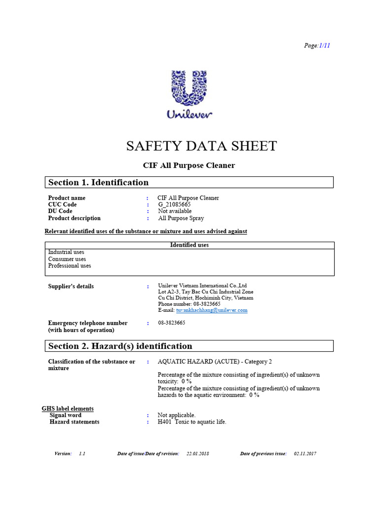 CIF All Purpose Cleaner Safety Data Sheet | PDF | Dangerous Goods ...