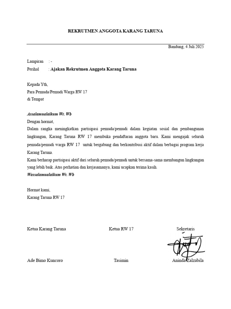 Rekrutmen Anggota Karang Taruna RW 17 | PDF