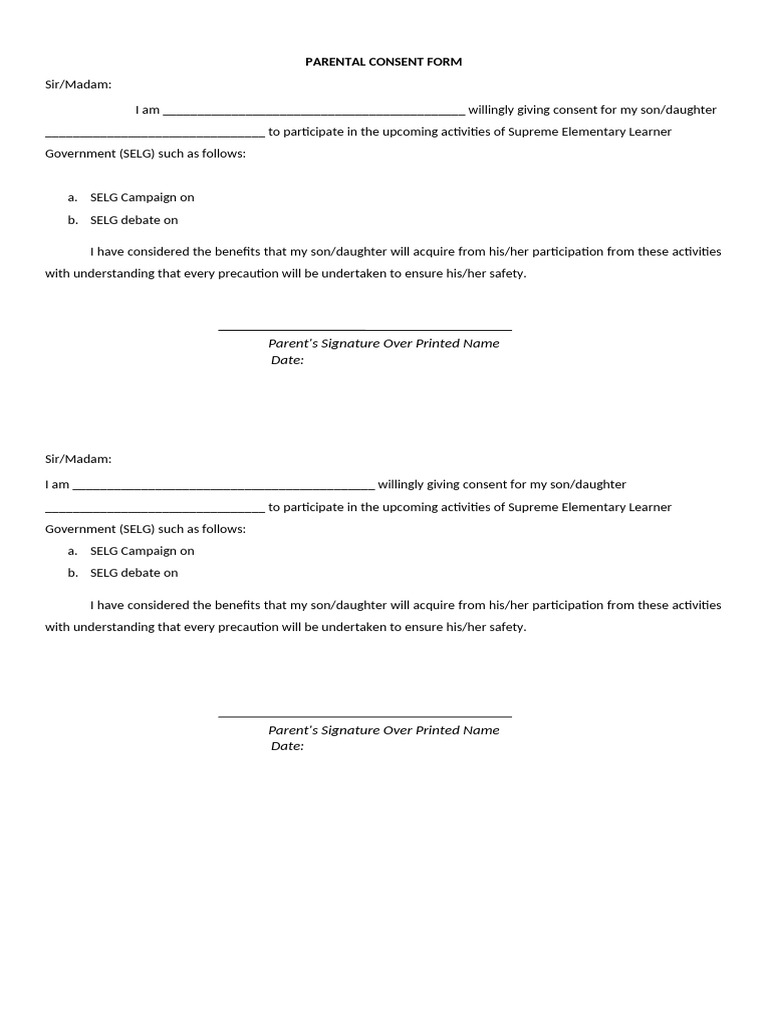 Parental Consent for SELG Activities | PDF