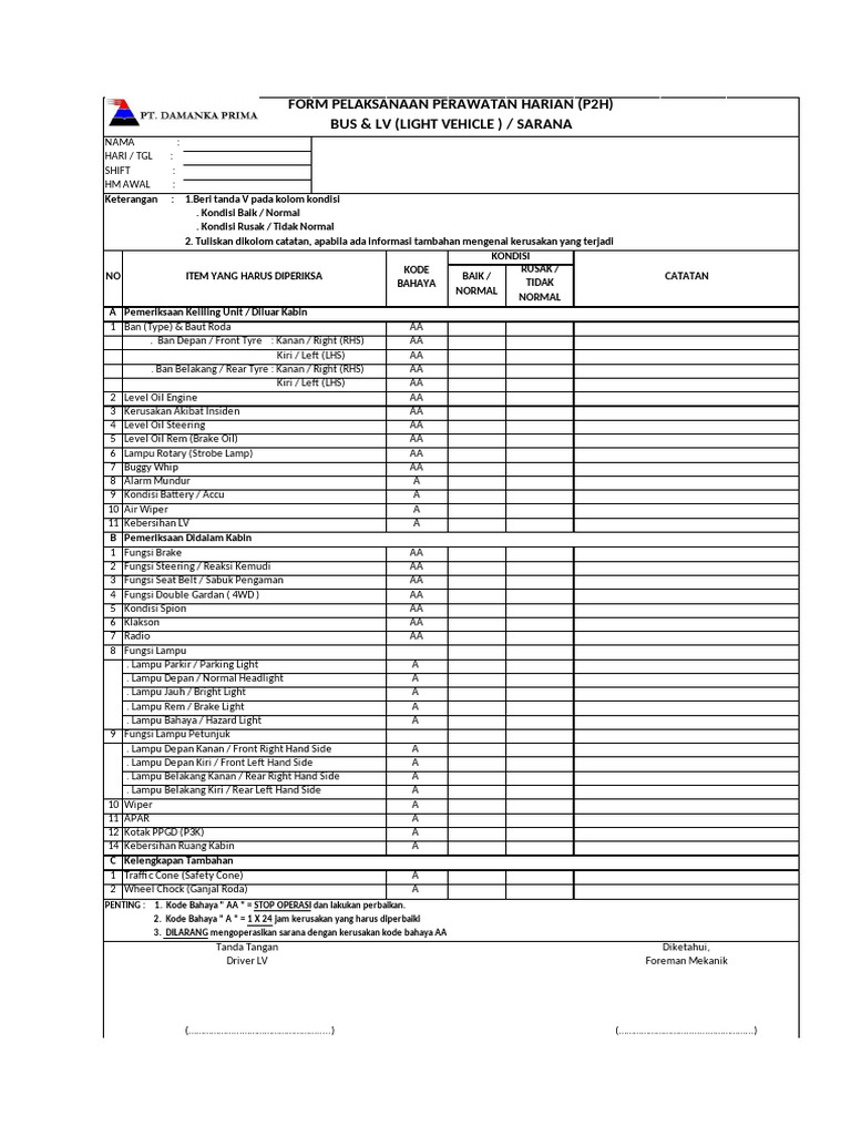 Formulir Perawatan Harian P2H | PDF
