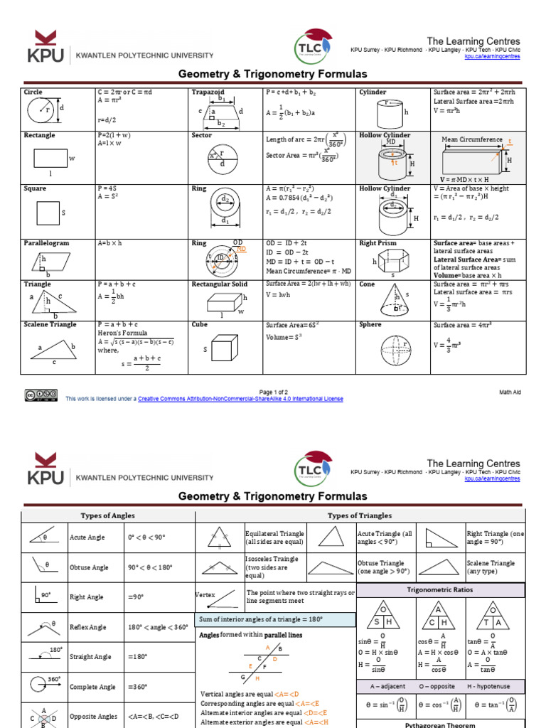 Geo& Trig Formulas MA | PDF | Area | Triangle