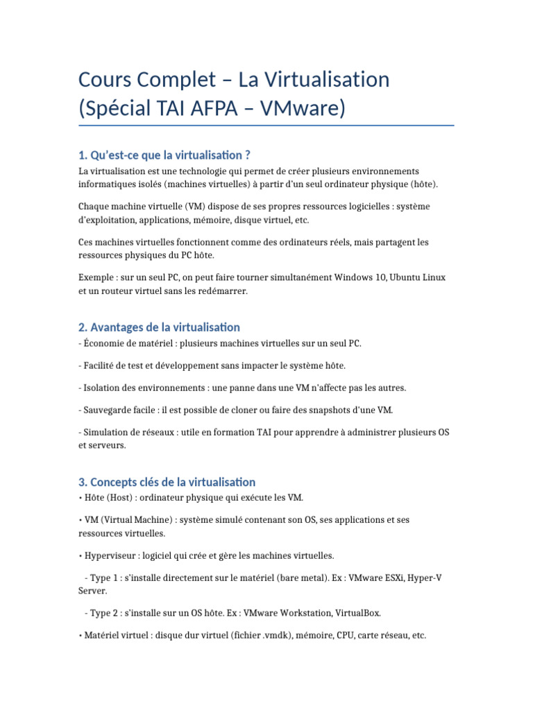 Cours Complet sur VMware pour TAI | PDF | Virtualisation | Machine ...