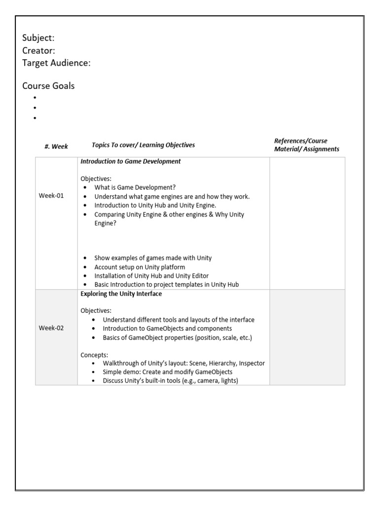 Game Development Course Outline Pdf Unity Game Engine Computing