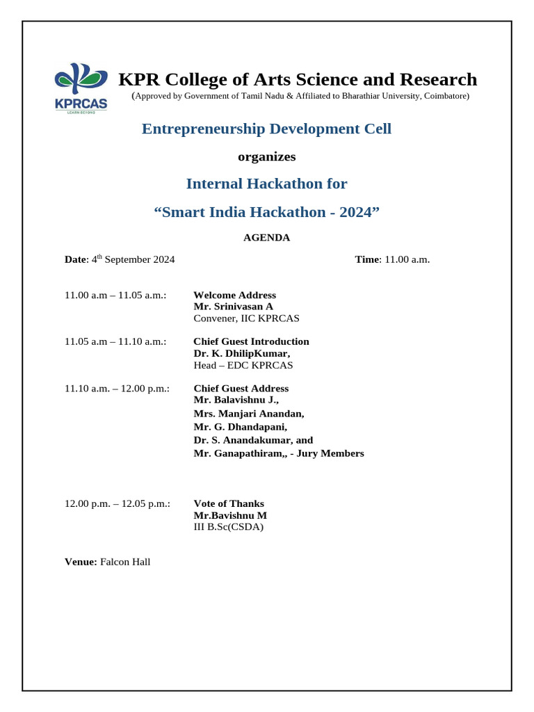 Smart India Hackathon Agenda | PDF