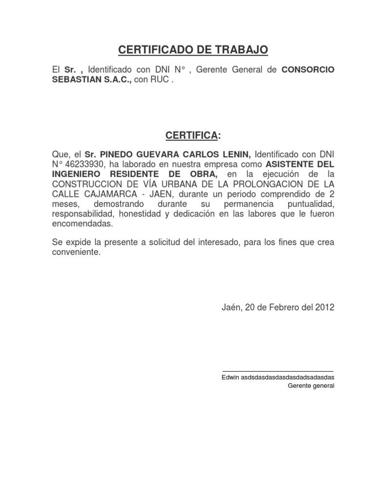 Carta De Trabajo Modelo Pdf - q Carta De