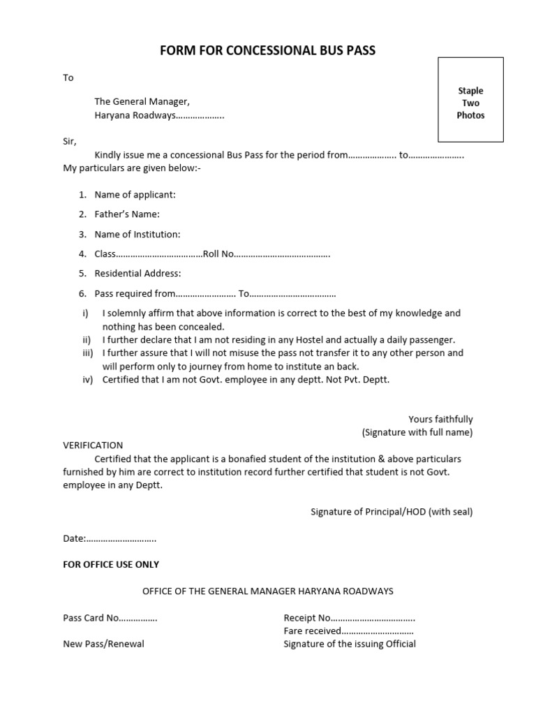 Form For Concessional Bus Pass: For Office Use Only | PDF