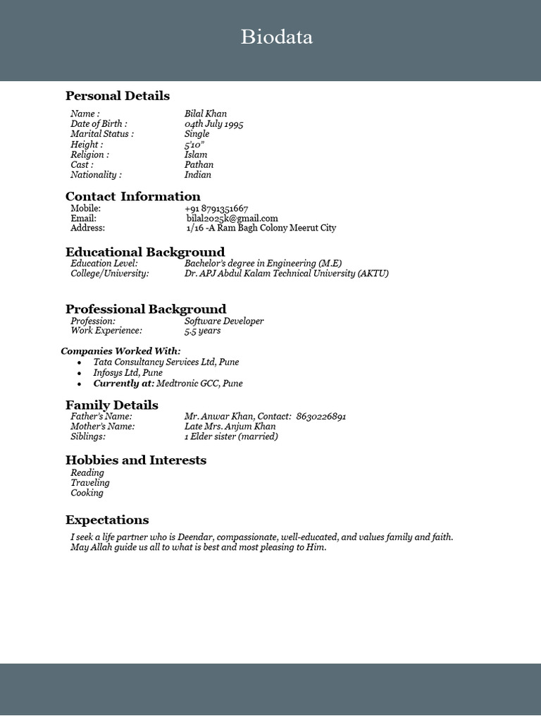 Bilal Khan's Personal Biodata | PDF