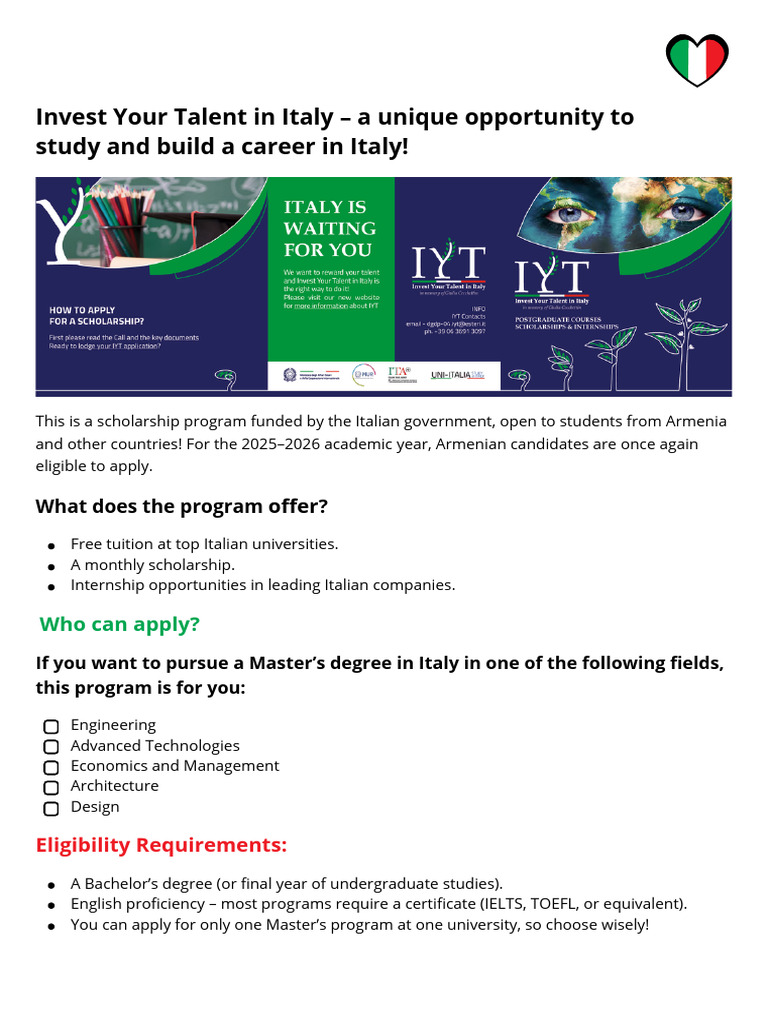Invest Your Talent in Italy 2025 Program | PDF
