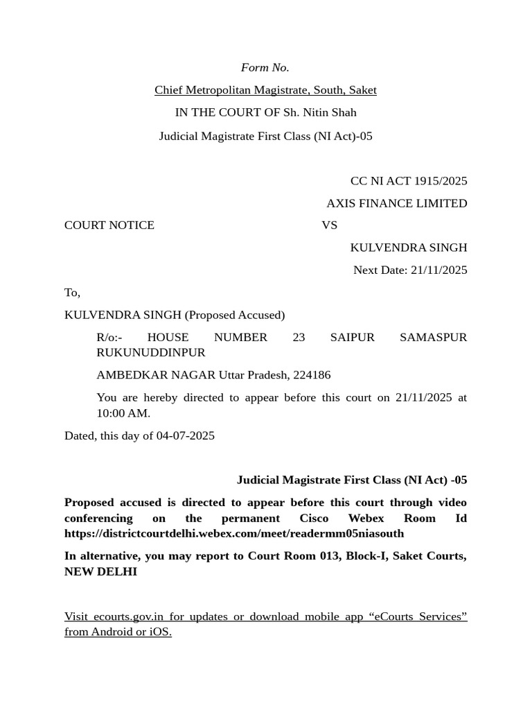 Court Notice for Kulvendra Singh | PDF
