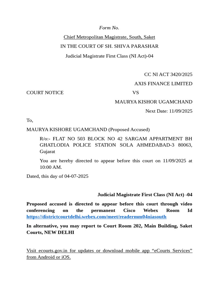 Court Notice for Maurya Kishor Ugamchand | PDF