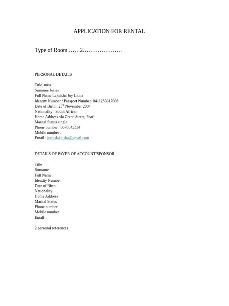 Application For Rental Type of Room 2 | PDF
